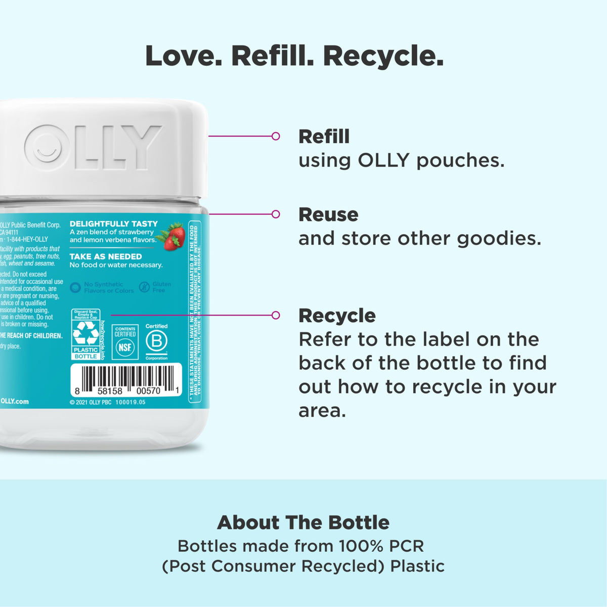 Olly brand stress support dietary supplement packaging overview