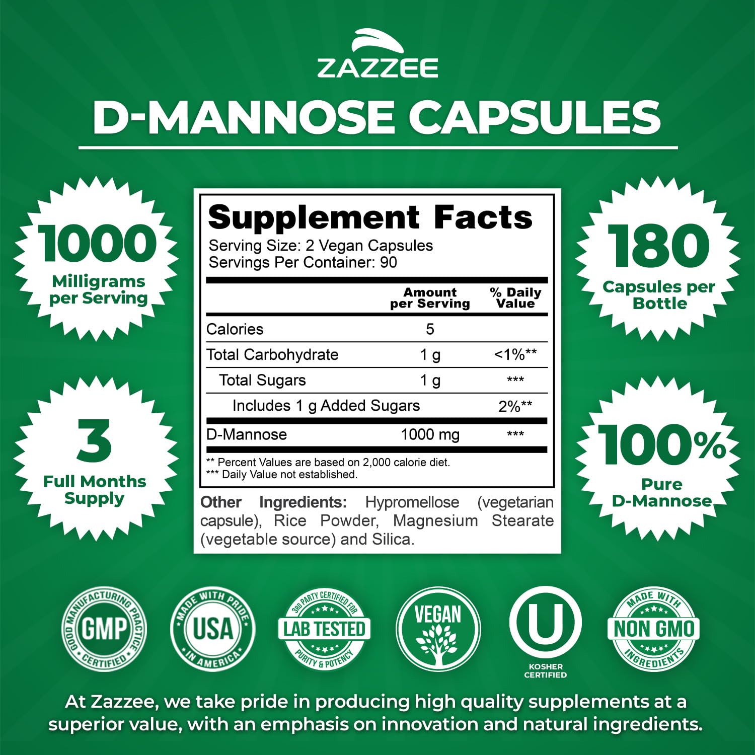Zazzee Naturals D-Mannose 180 vegan capsules dietary supplement facts panel