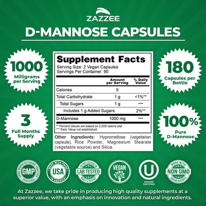 Zazzee Naturals D-Mannose 180 vegan capsules dietary supplement facts panel