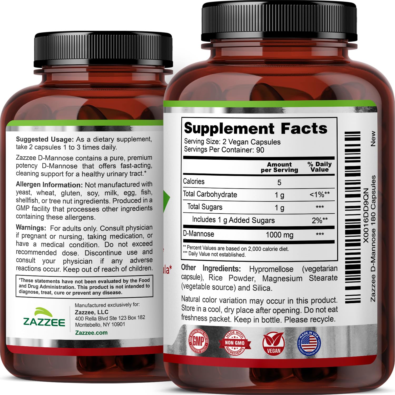 Zazzee urinary tract health supplement bottle showing capsule size details