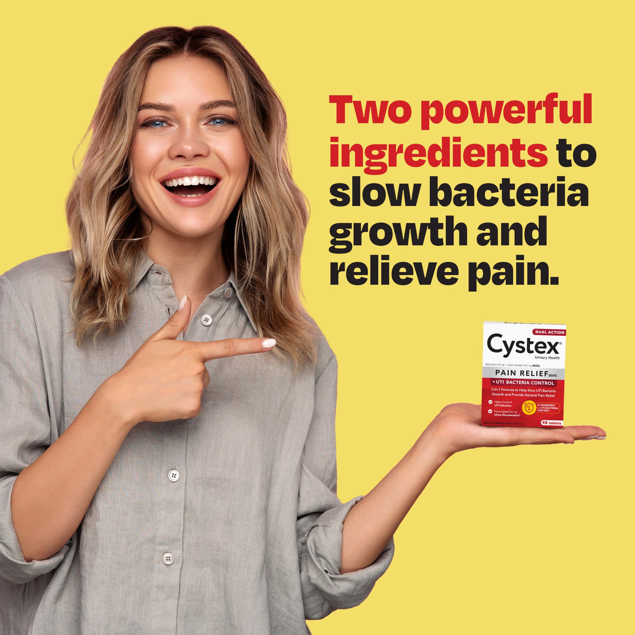 Cystex over the counter urinary tract pain reliever tablets pack size showing 48 count total