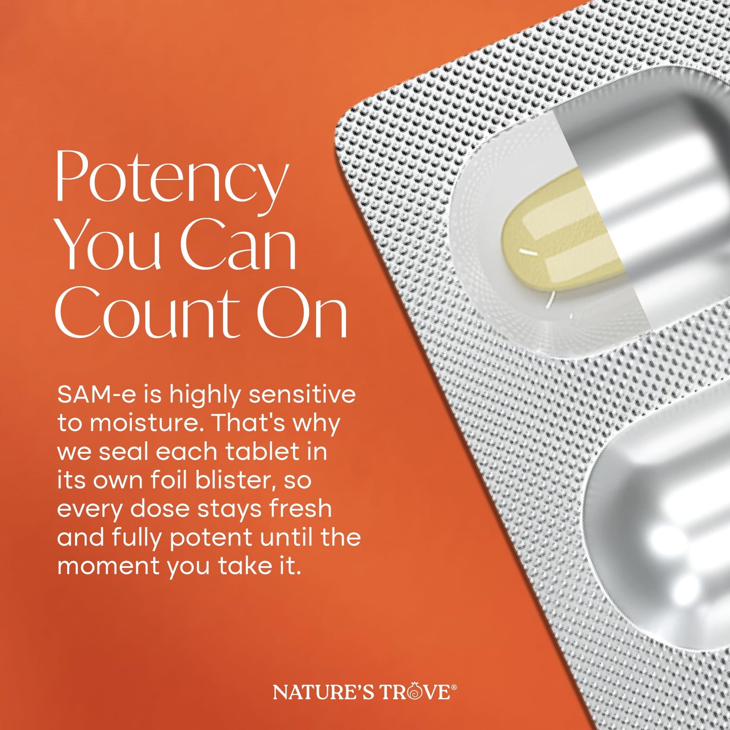 Nature's Trove SAM-e health supplement bottle labels and certifications