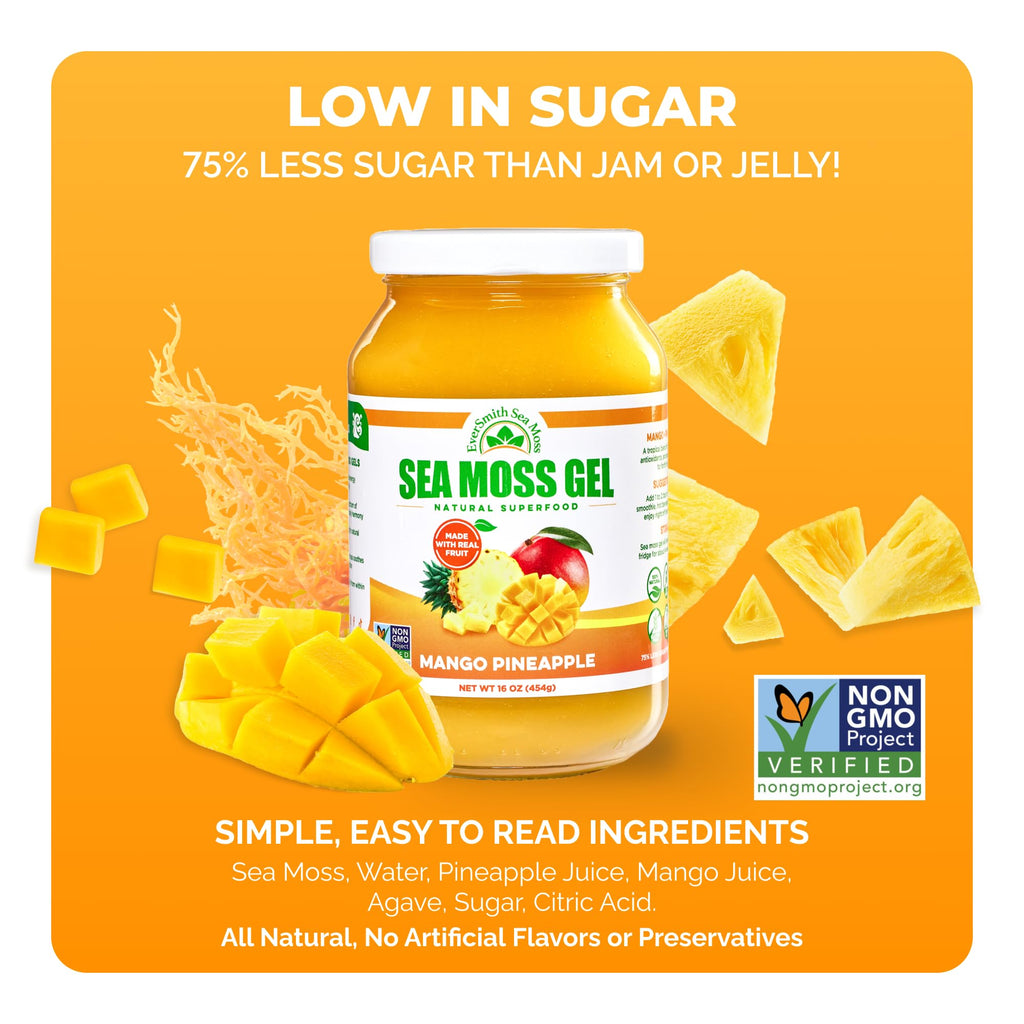 Eversmith Organics sea moss gel shown with fresh mango and pineapple fruit pieces