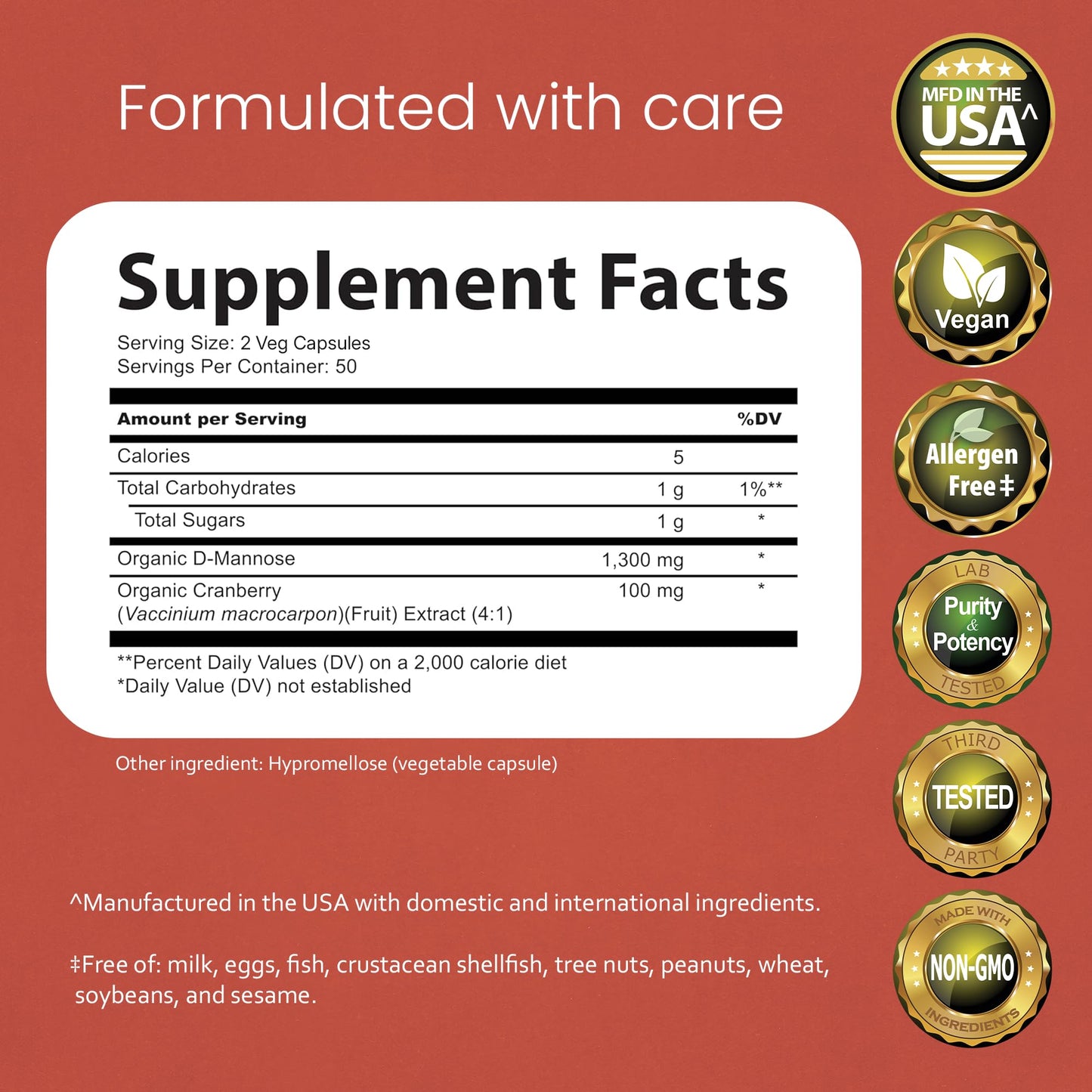 NaturaLife Labs D-Mannose with Cranberry Extract supplement facts panel showing ingredient details