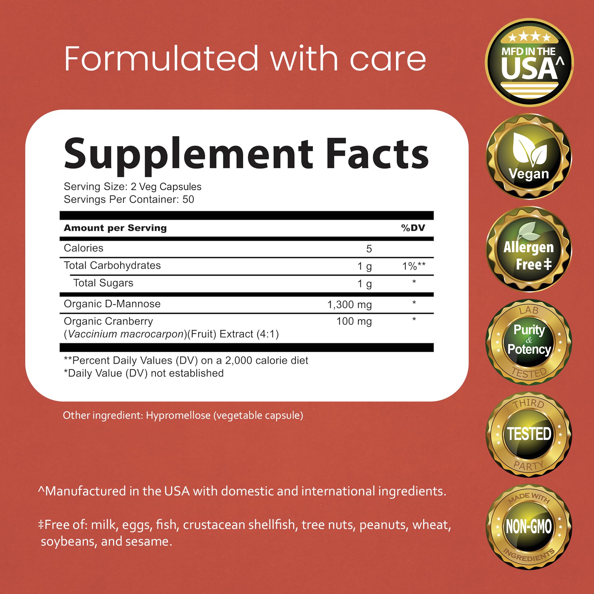 NaturaLife Labs D-Mannose with Cranberry Extract supplement facts panel showing ingredient details