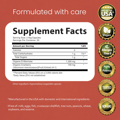 NaturaLife Labs D-Mannose with Cranberry Extract supplement facts panel showing ingredient details