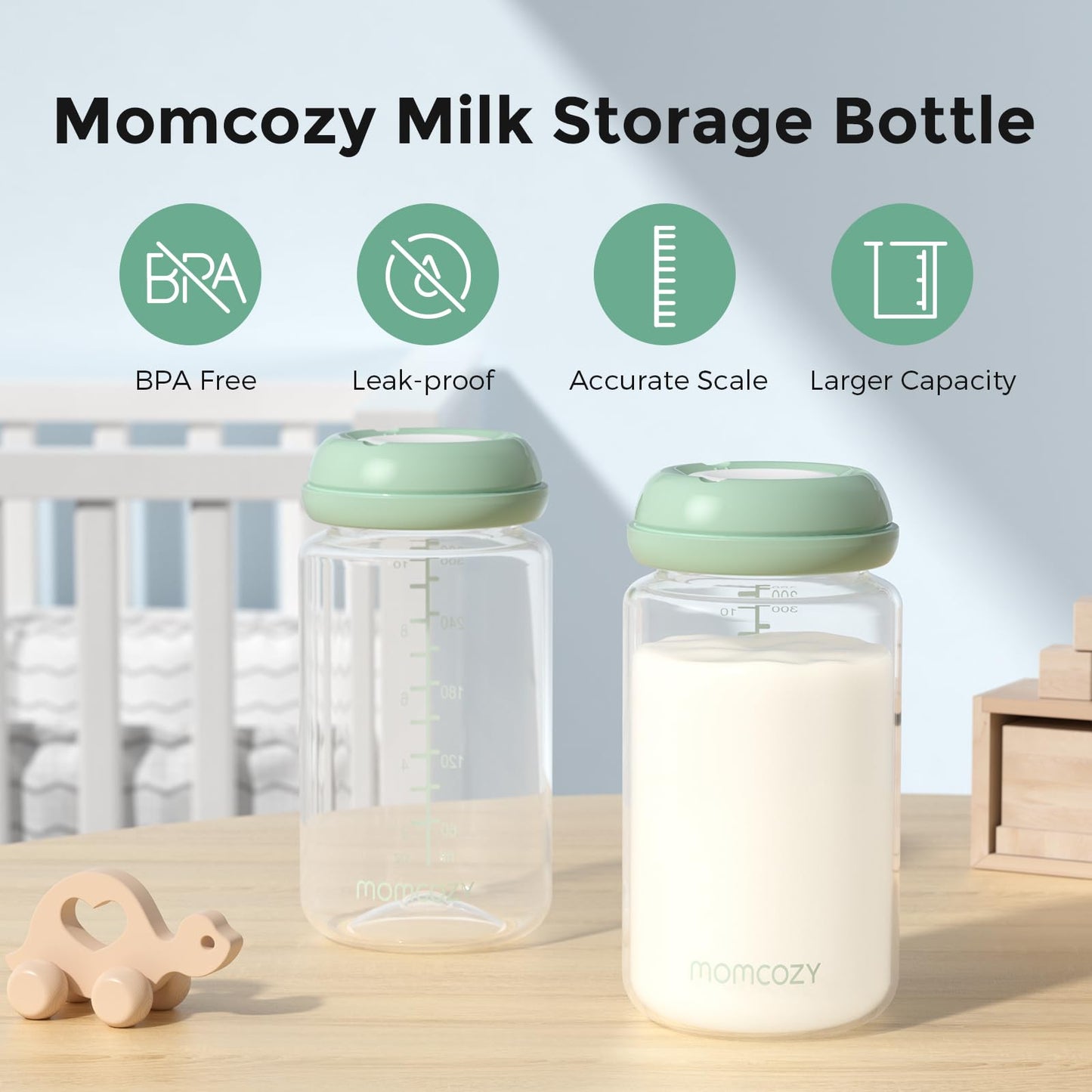 Momcozy wide-neck breast milk container with leak-proof storage lid.