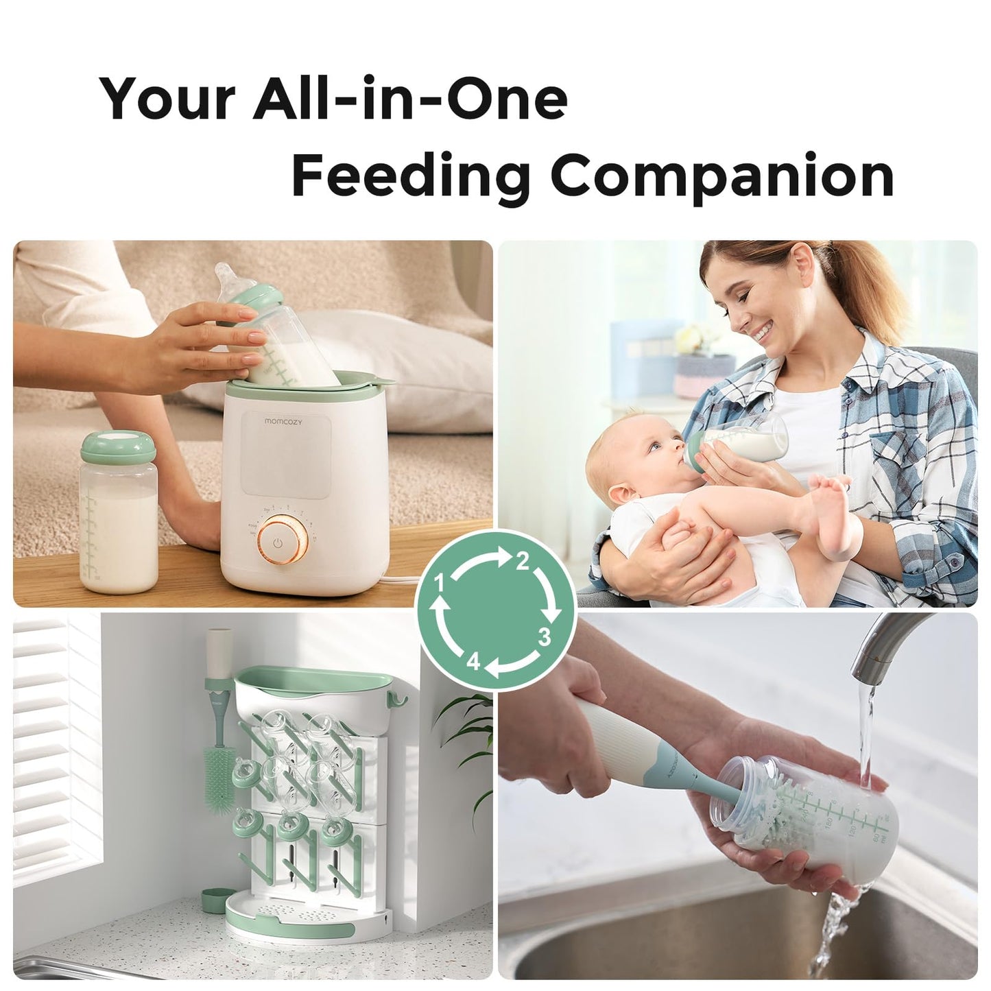 Close-up of the food-grade shatter-resistant plastic base on the Momcozy baby bottle.