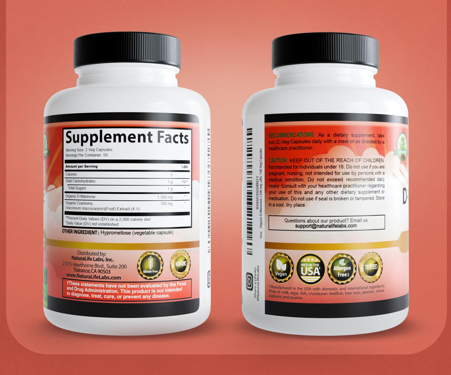 NaturaLife Labs Cranberry and D-Mannose capsules highlighting clean formula certification