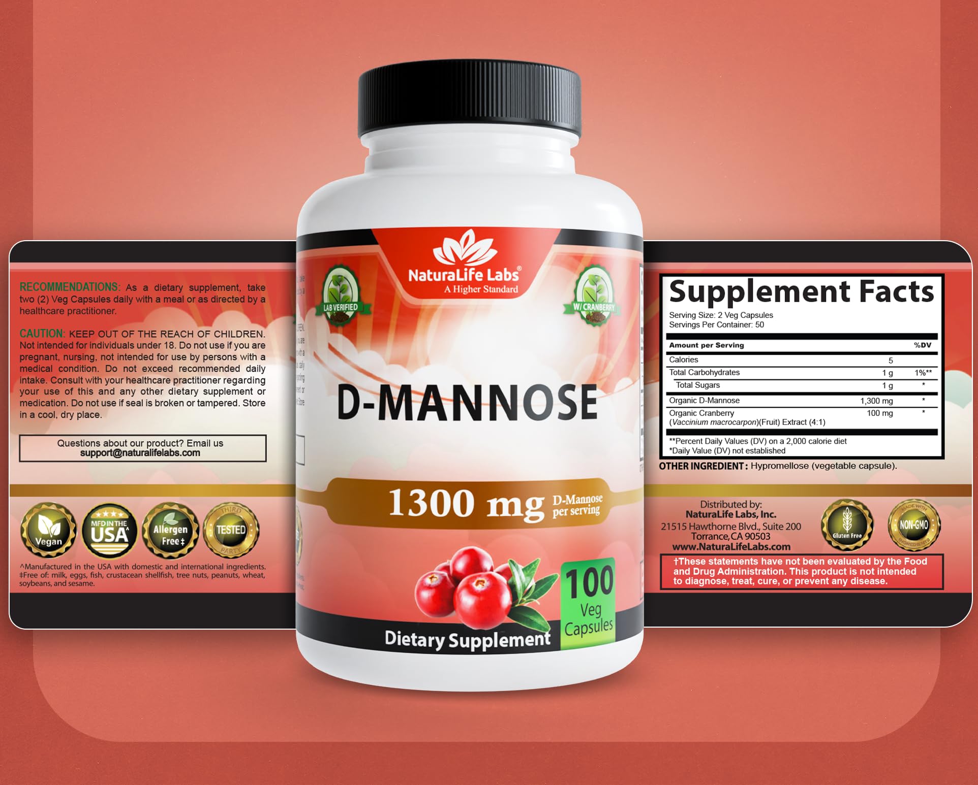 NaturaLife Labs 1300mg D-Mannose dietary supplement bottle showcasing manufacturing excellence