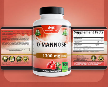 NaturaLife Labs 1300mg D-Mannose dietary supplement bottle showcasing manufacturing excellence