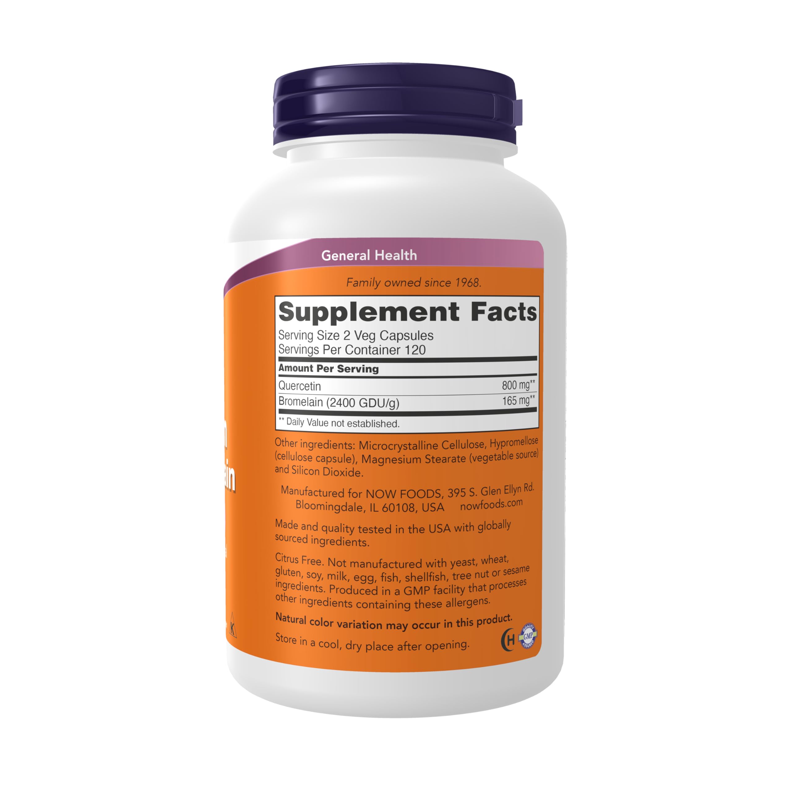 Now Foods Quercetin With Bromelain Supplement Bottle Label Details