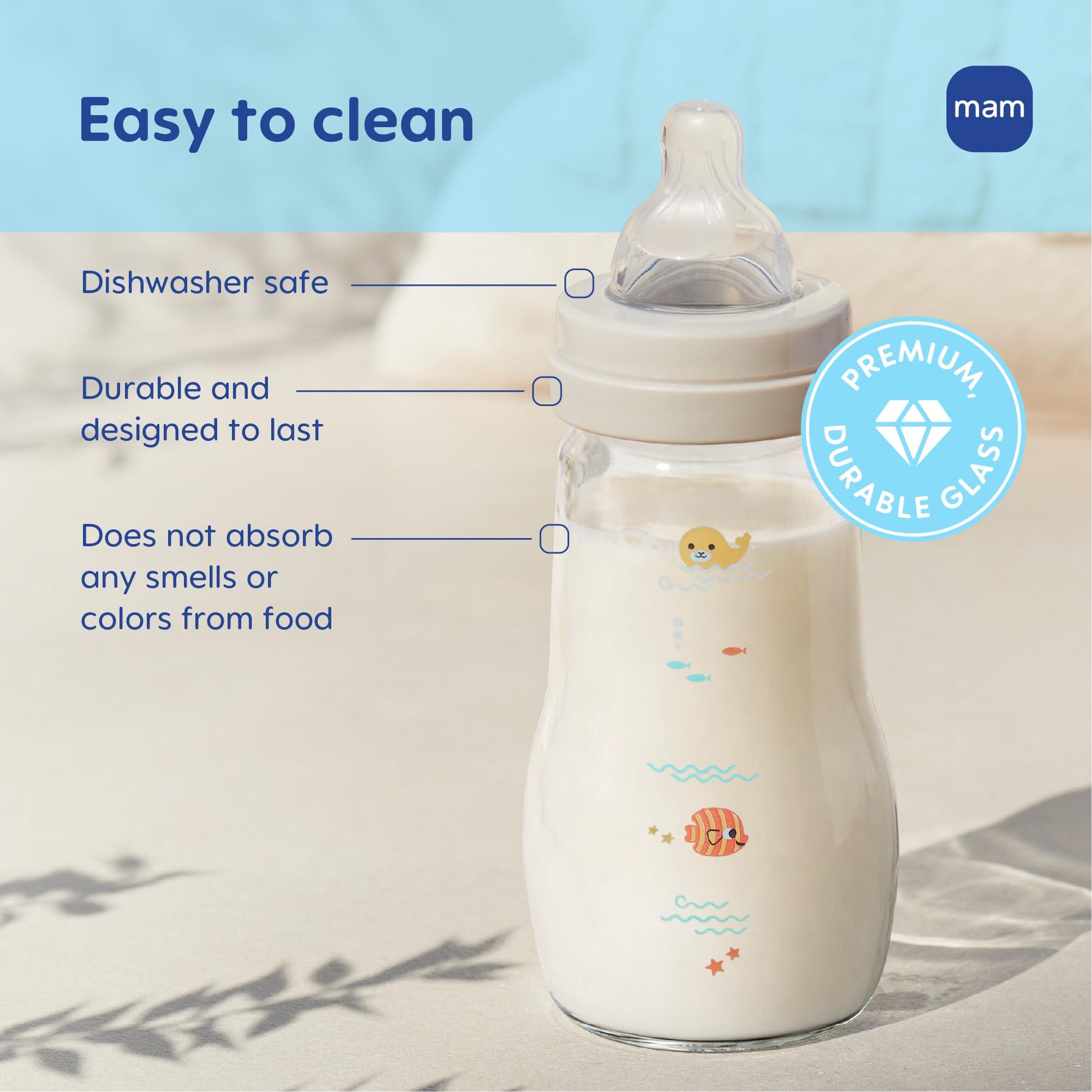MAM Feel Good 6 Ounce feeding bottle showcasing the slow flow SkinSoft silicone nipple design.