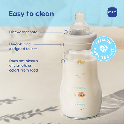 MAM Feel Good 6 Ounce feeding bottle showcasing the slow flow SkinSoft silicone nipple design.