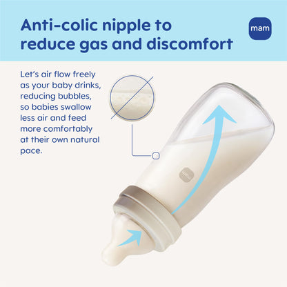 Close up view of the durable temperature resistant borosilicate glass structure on the MAM bottle.
