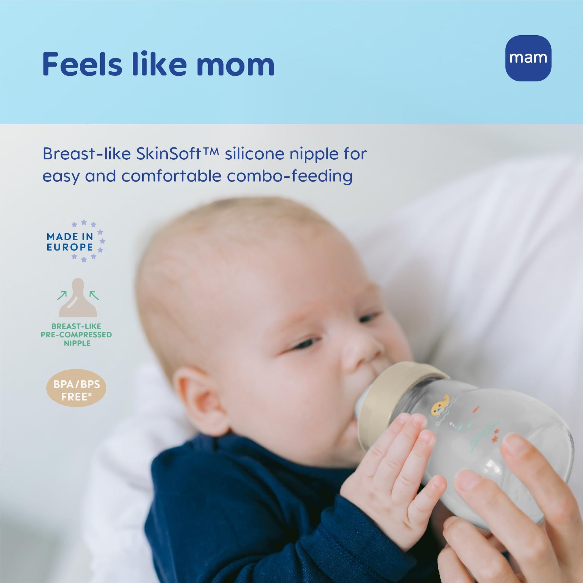 MAM premium glass bottle with the leak proof dust cap attached acting as a protective cover.