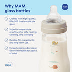 MAM 6 Ounce baby bottle disassembled to demonstrate the easy to clean components.