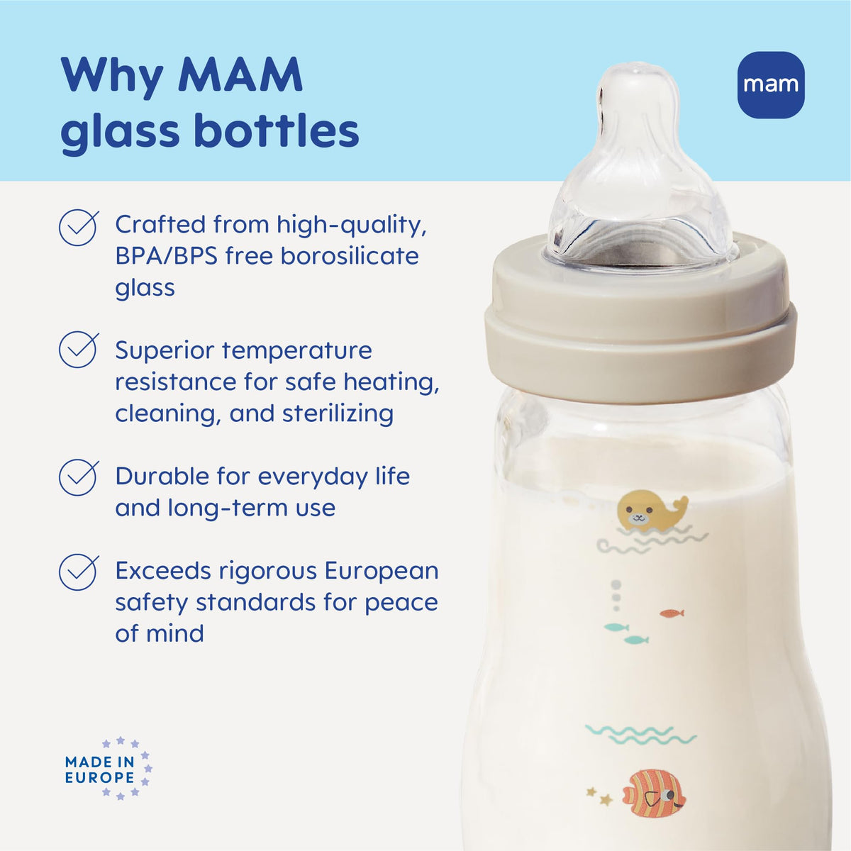MAM 6 Ounce baby bottle disassembled to demonstrate the easy to clean components.