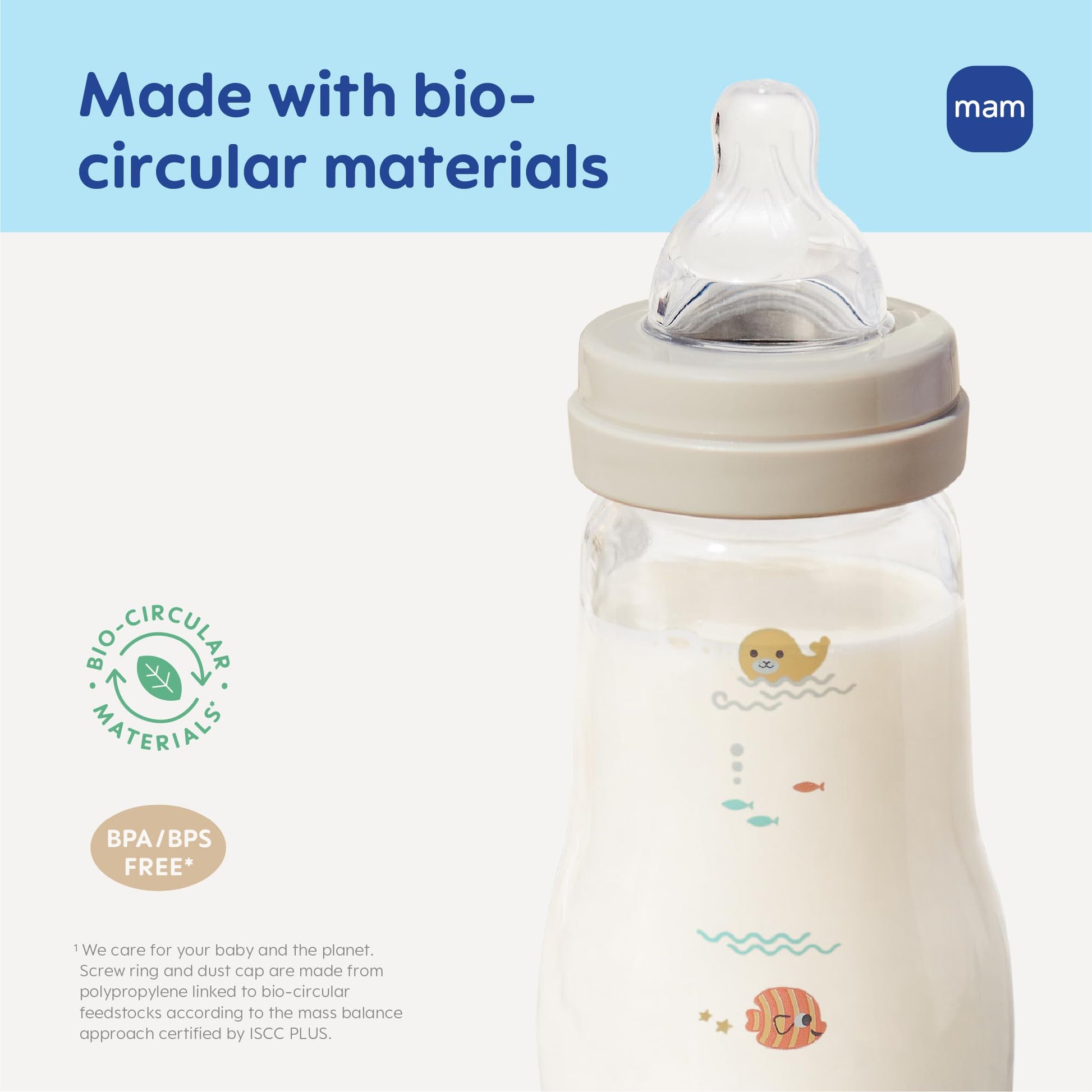 MAM premium glass wide neck bottle being held to display the ergonomic shape for parents.