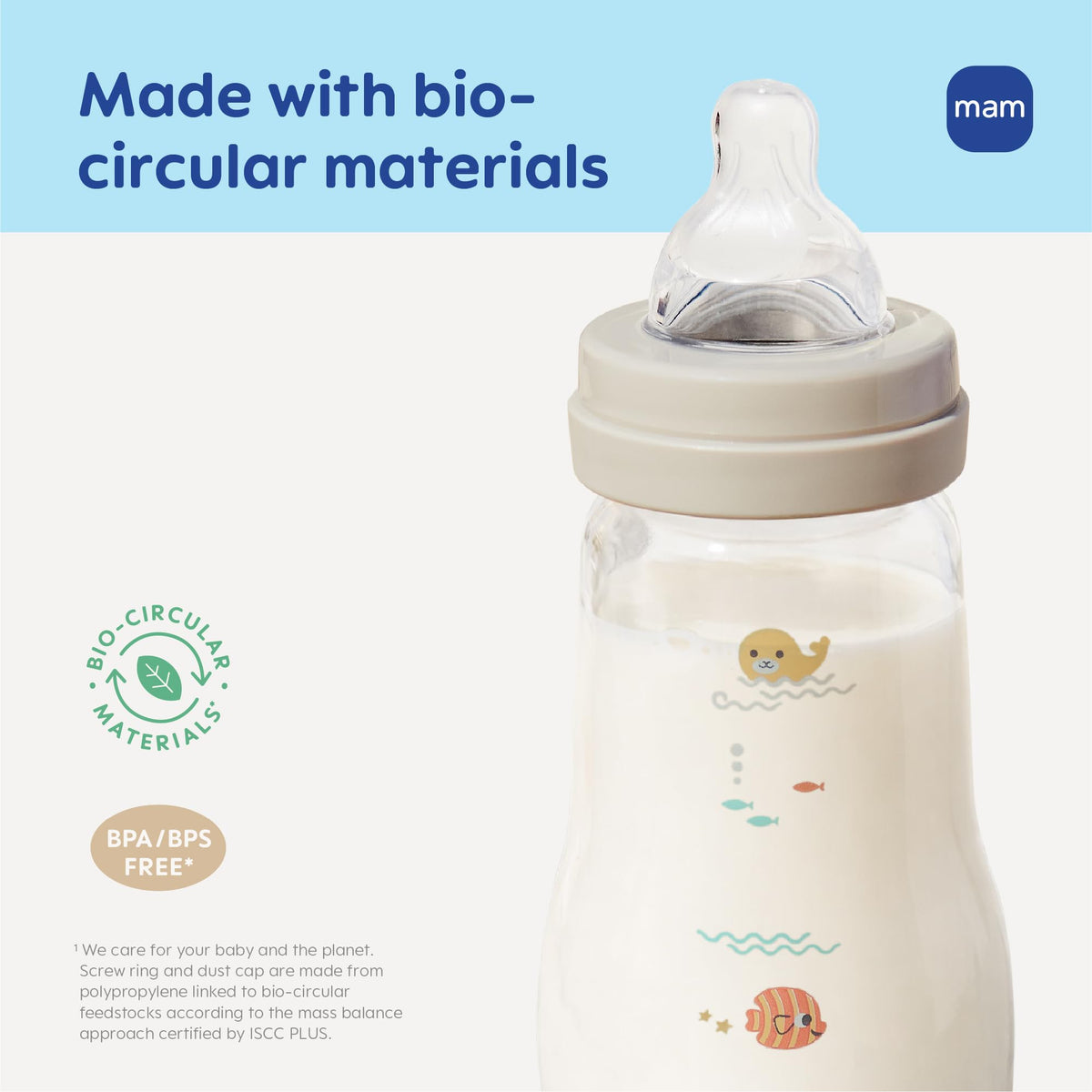 MAM premium glass wide neck bottle being held to display the ergonomic shape for parents.