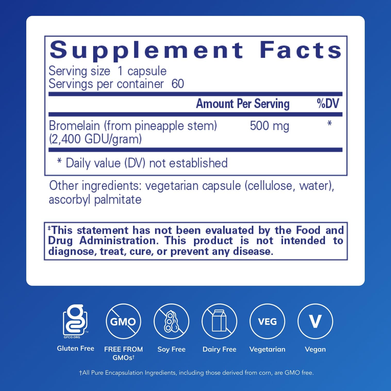 Pure Encapsulations Bromelain 500 mg supplement label details