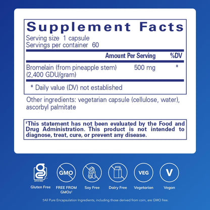 Pure Encapsulations Bromelain 500 mg supplement label details
