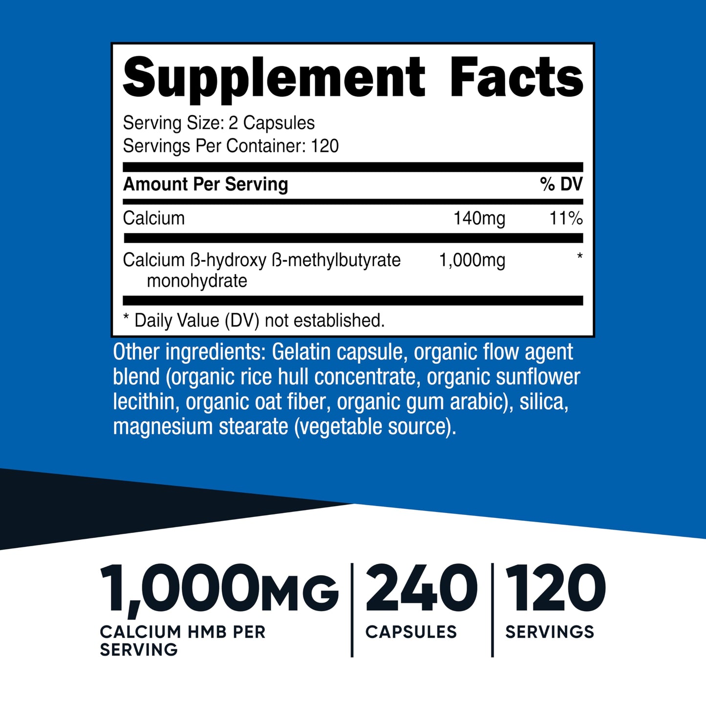 Nutricost HMB dietary supplement label showing 240 capsules