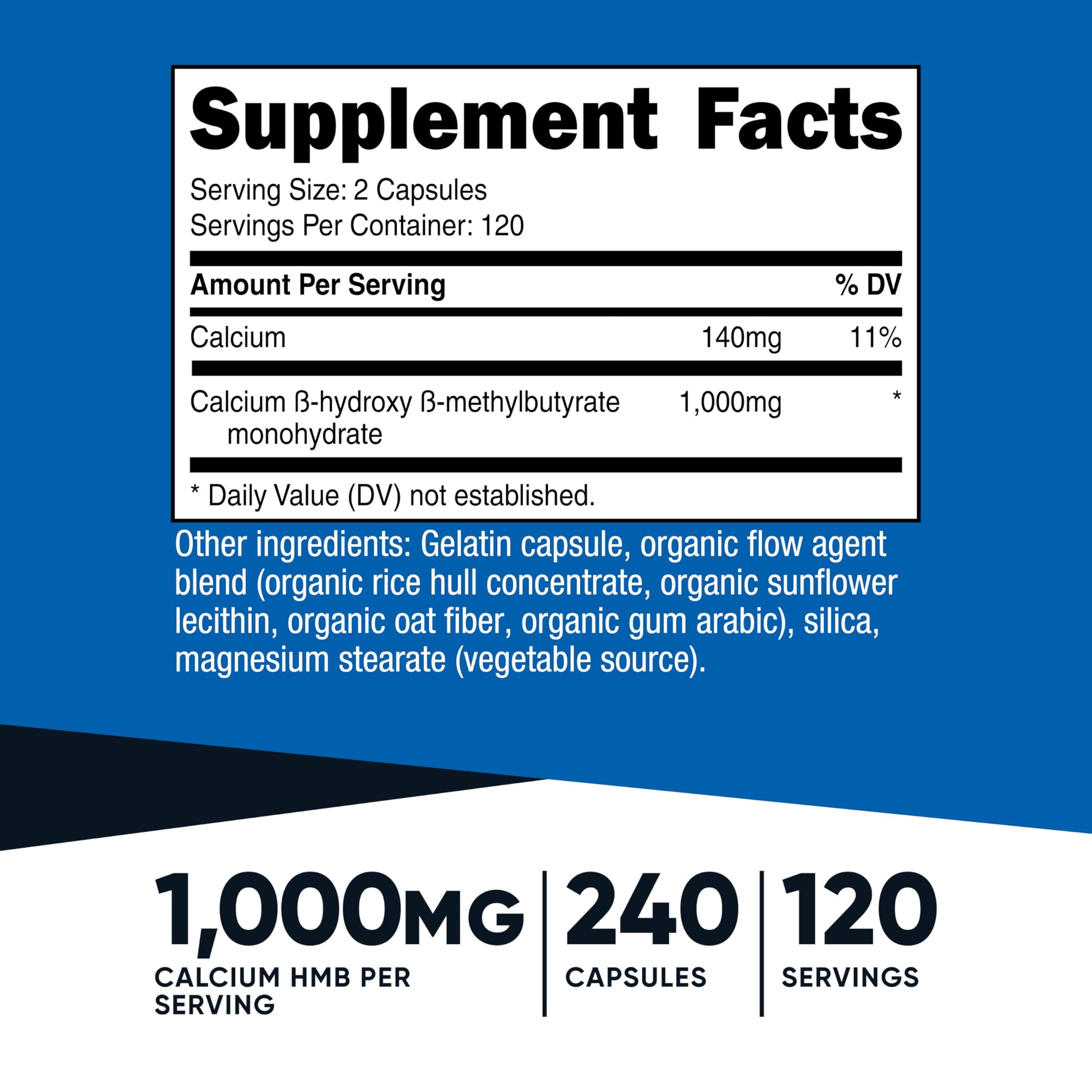 Nutricost HMB dietary supplement label showing 240 capsules
