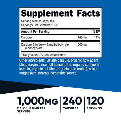 Nutricost HMB dietary supplement label showing 240 capsules