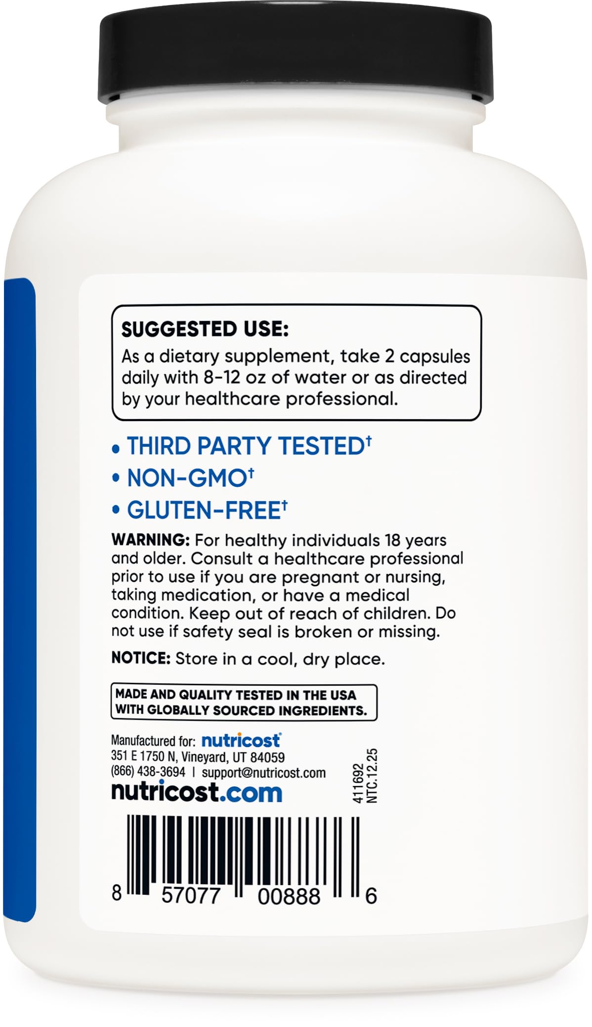 Authentic USA-imported Nutricost HMB bottle side view
