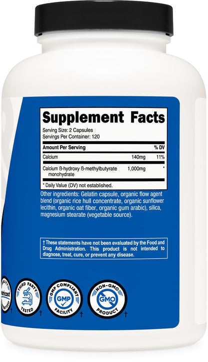 Nutricost HMB 1000mg capsules non-GMO and gluten-free certification