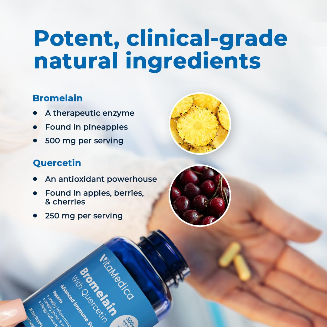 Side view of VitaMedica Bromelain and Quercetin capsule packaging details