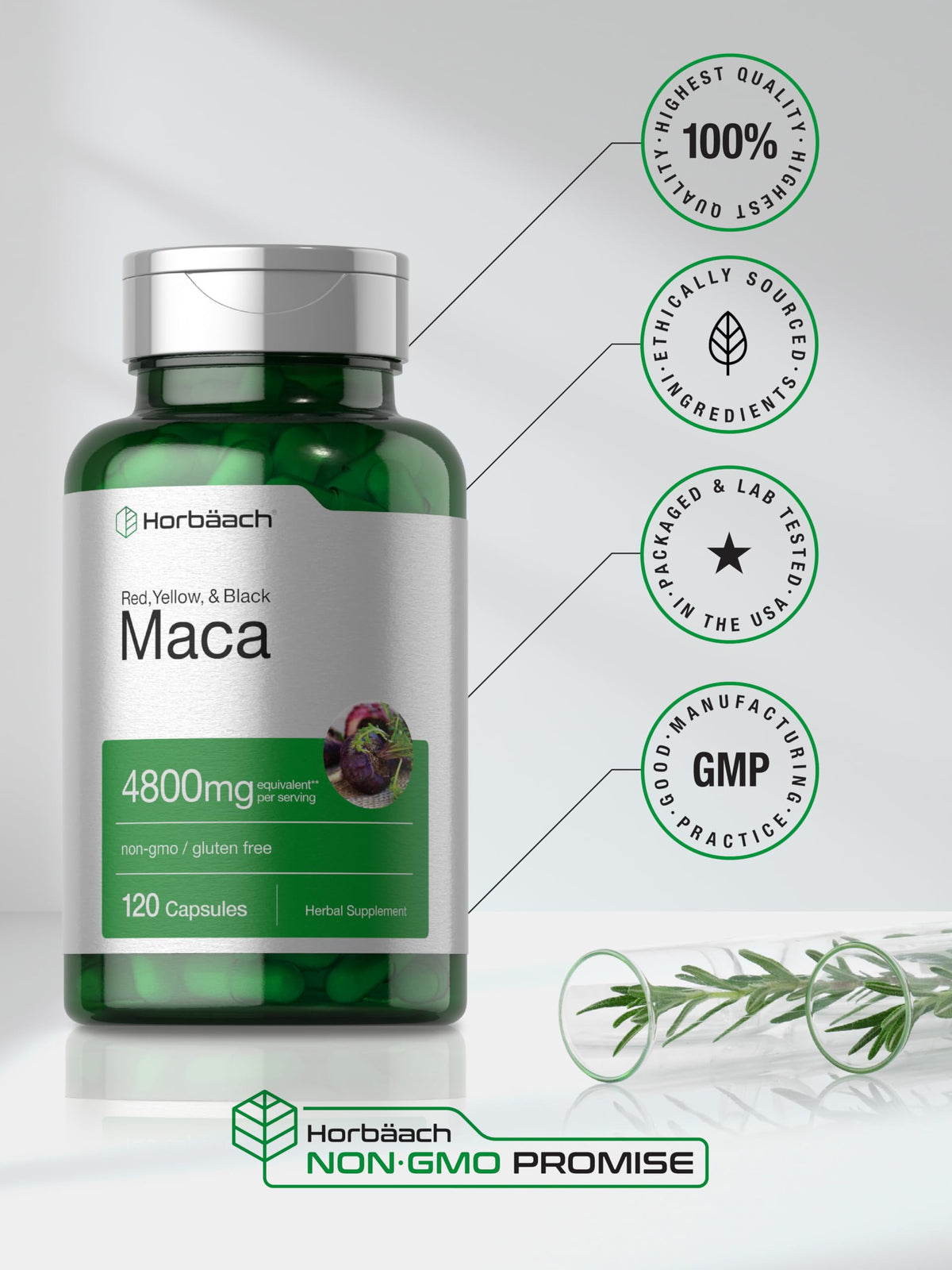 Horbäach Maca Root packaging showing non-gmo seal