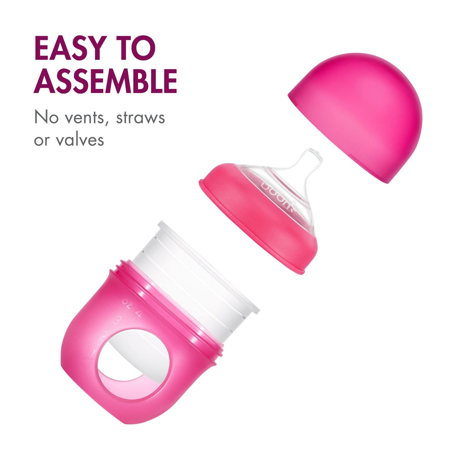 Side view of Boon Nursh 4 ounce pink baby bottle