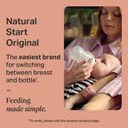 Close up view of the breast-like slow-flow silicone nipple on the Tommee Tippee baby bottle.
