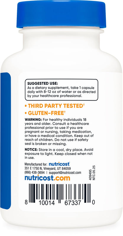 Nutricost Nattokinase 120 vegetarian capsules showing third party tested and non-GMO quality seals