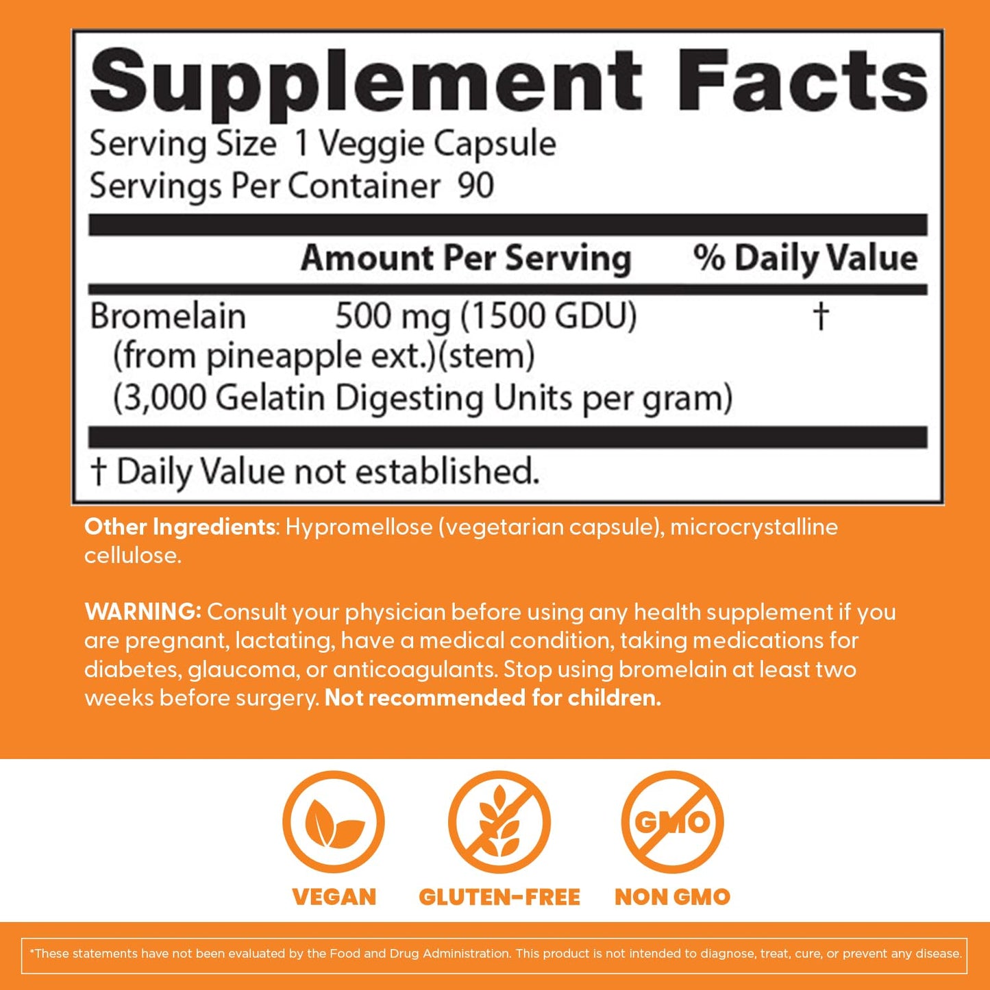Back label of Doctor's Best High Potency Bromelain showing ingredients