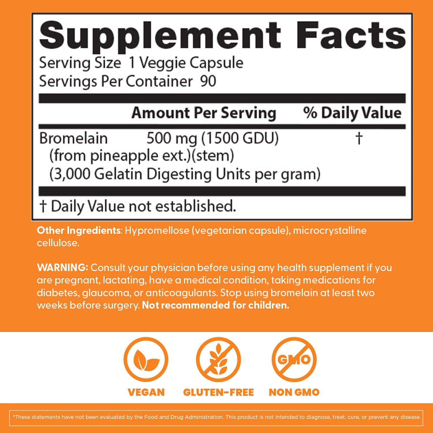 Back label of Doctor's Best High Potency Bromelain showing ingredients