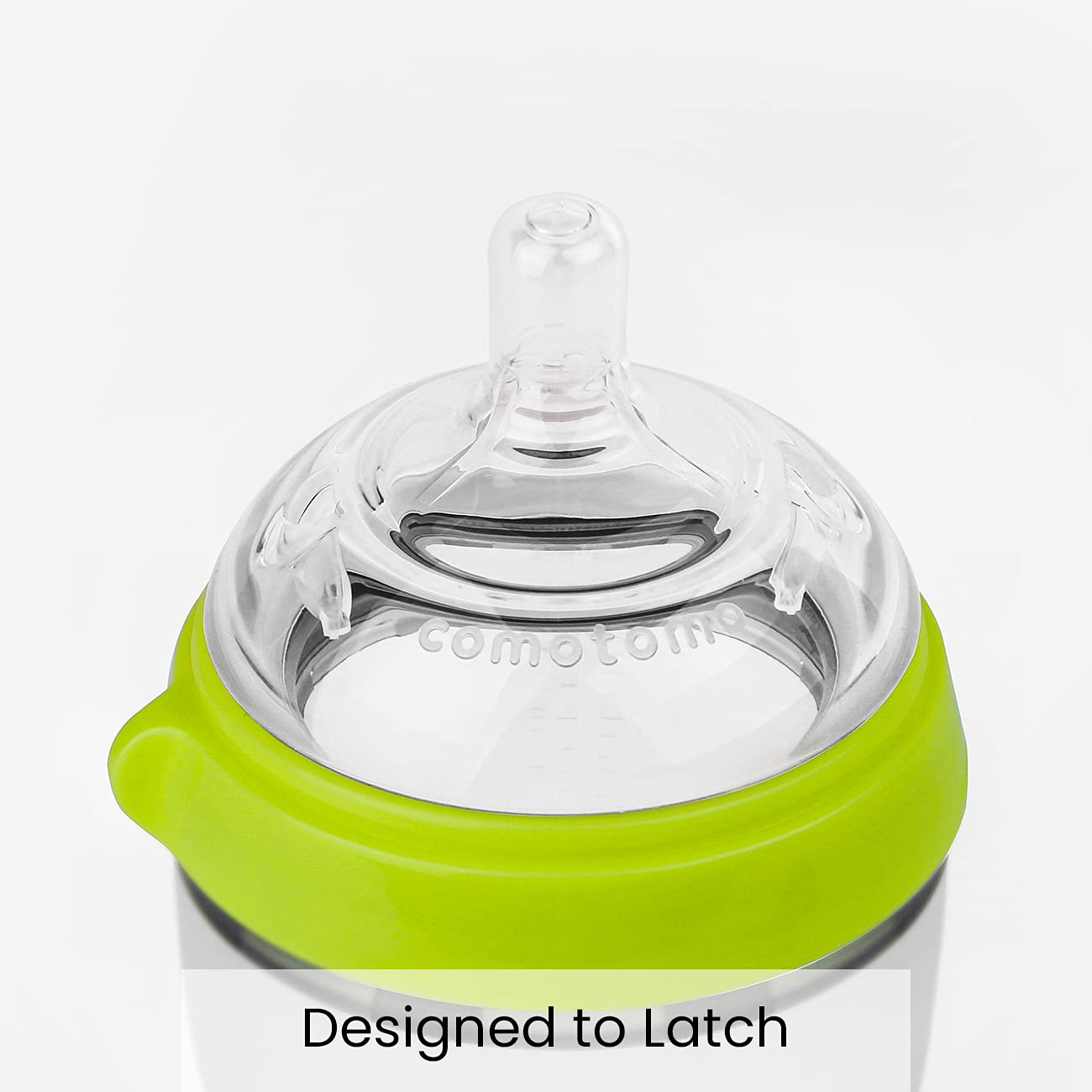 Comotomo 8 ounce silicone baby bottle showing wide neck design