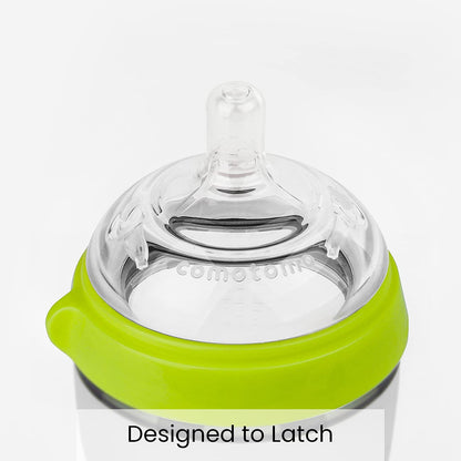 Comotomo 8 ounce silicone baby bottle showing wide neck design