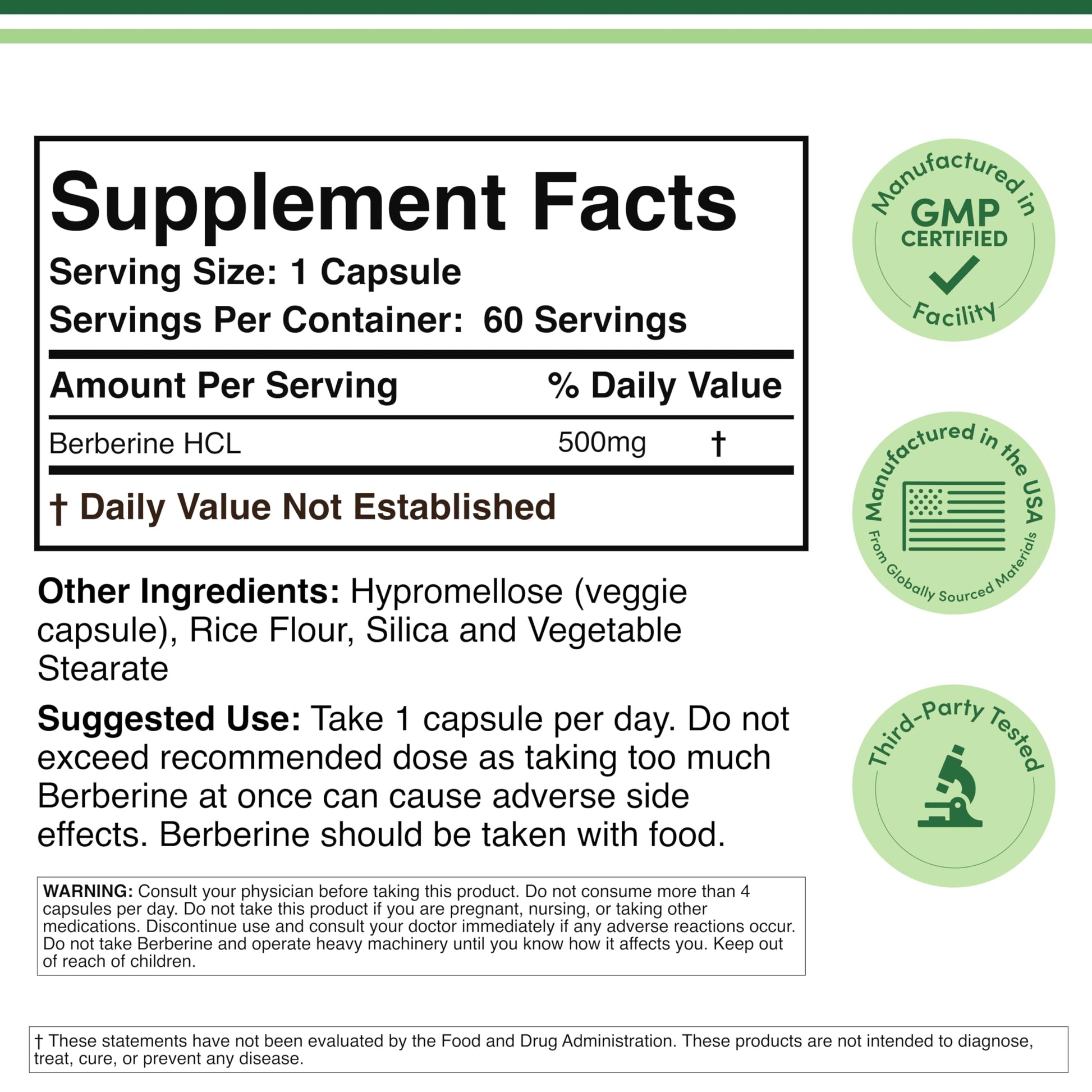 Back label of Qpuyt Berberine 500mg showing supplement facts and ingredients
