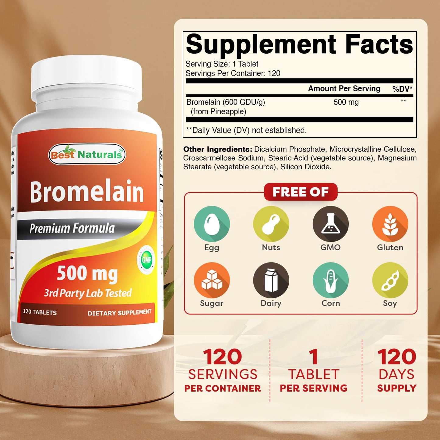 Best Naturals Bromelain bottle label supplement facts side view