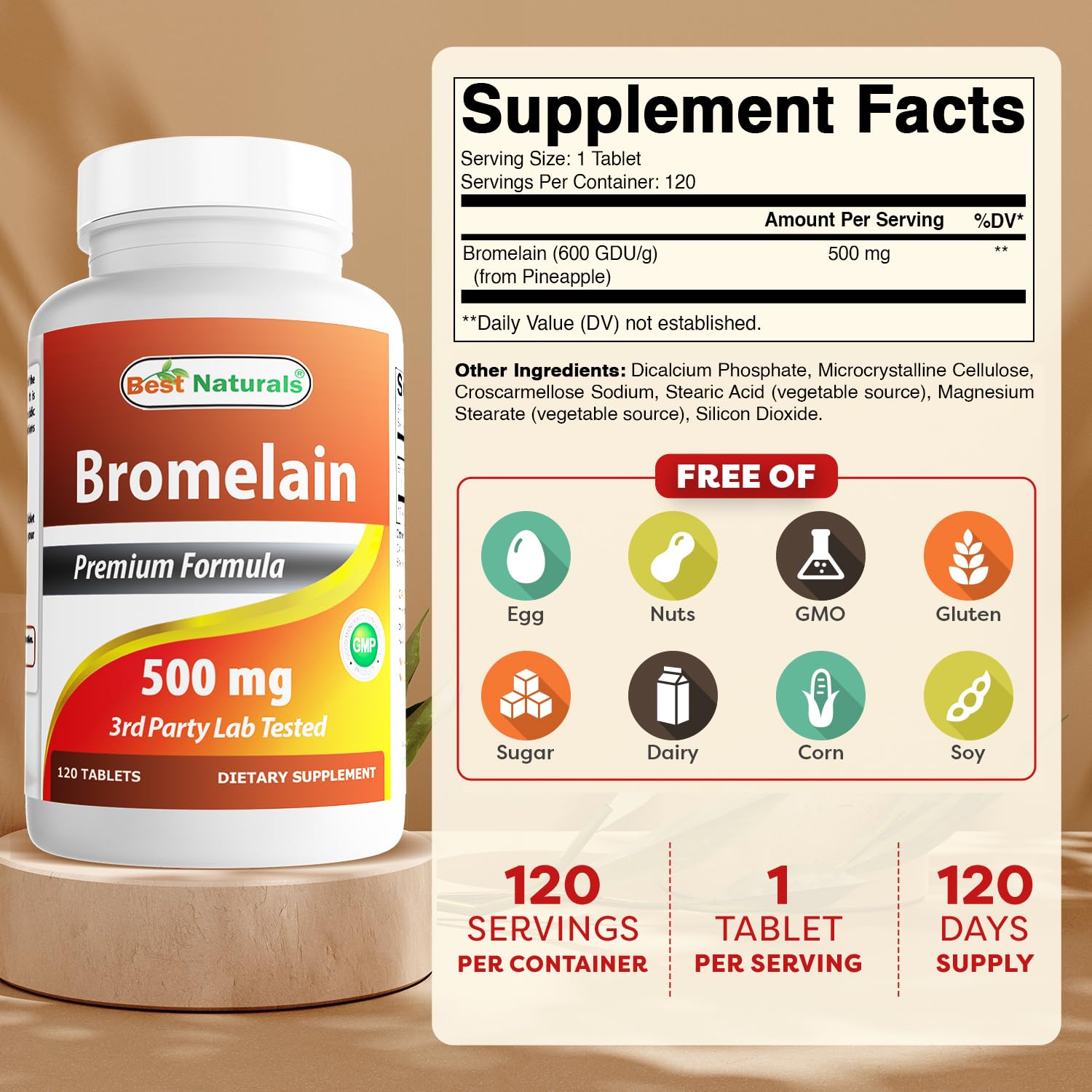 Best Naturals Bromelain bottle label supplement facts side view