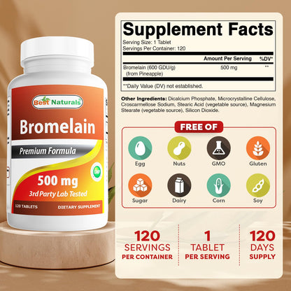 Best Naturals Bromelain bottle label supplement facts side view