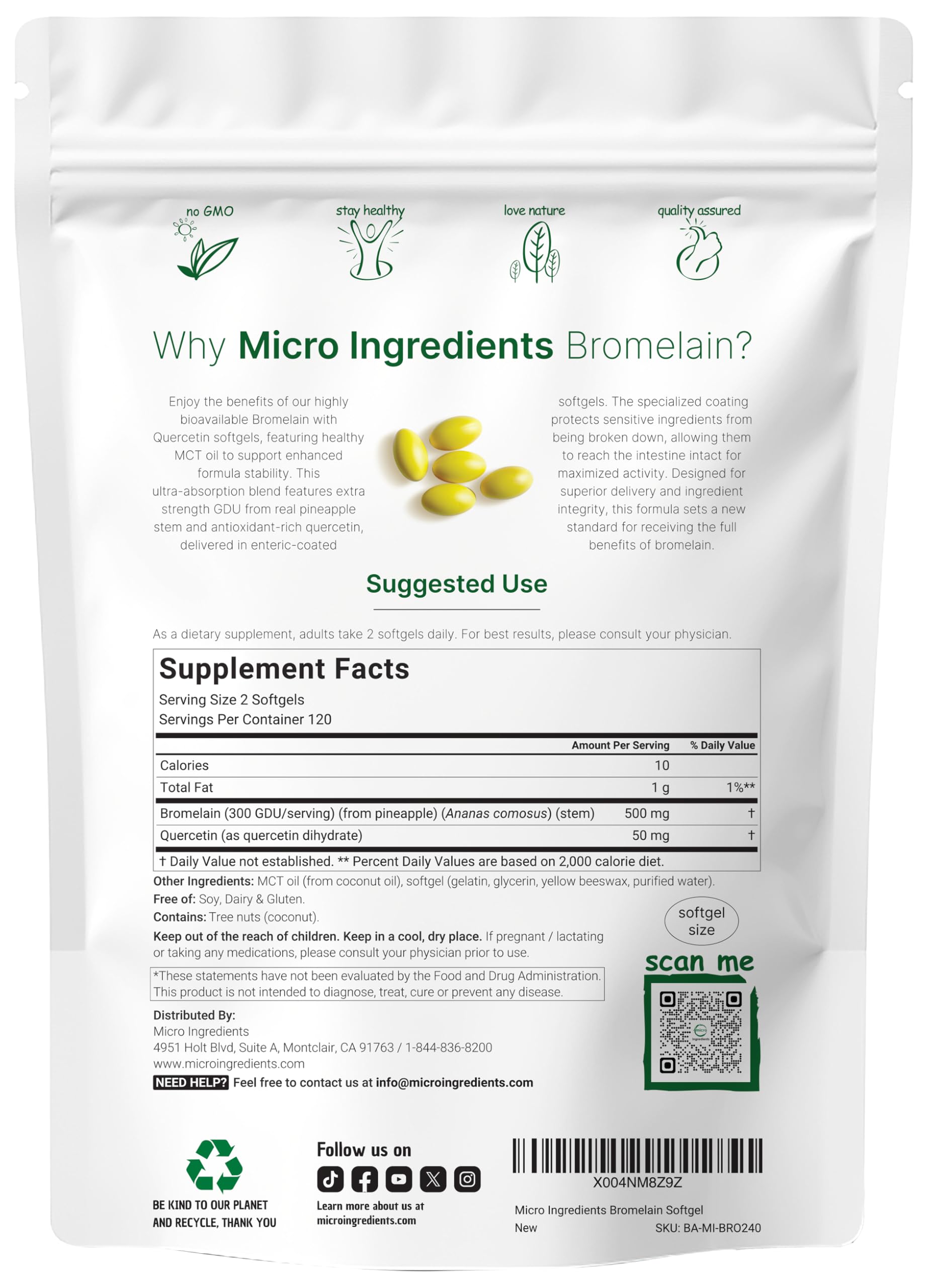 Close up of Micro Ingredients bromelain supplement nutritional facts label