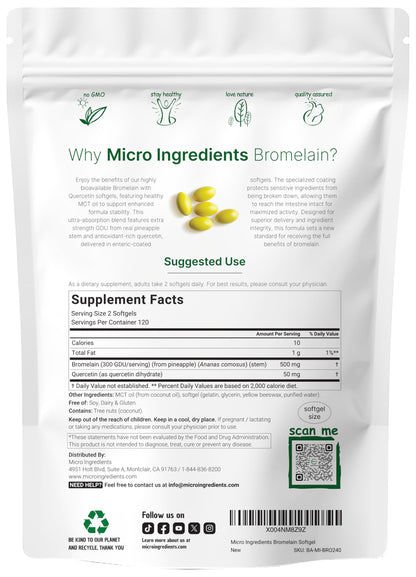 Close up of Micro Ingredients bromelain supplement nutritional facts label