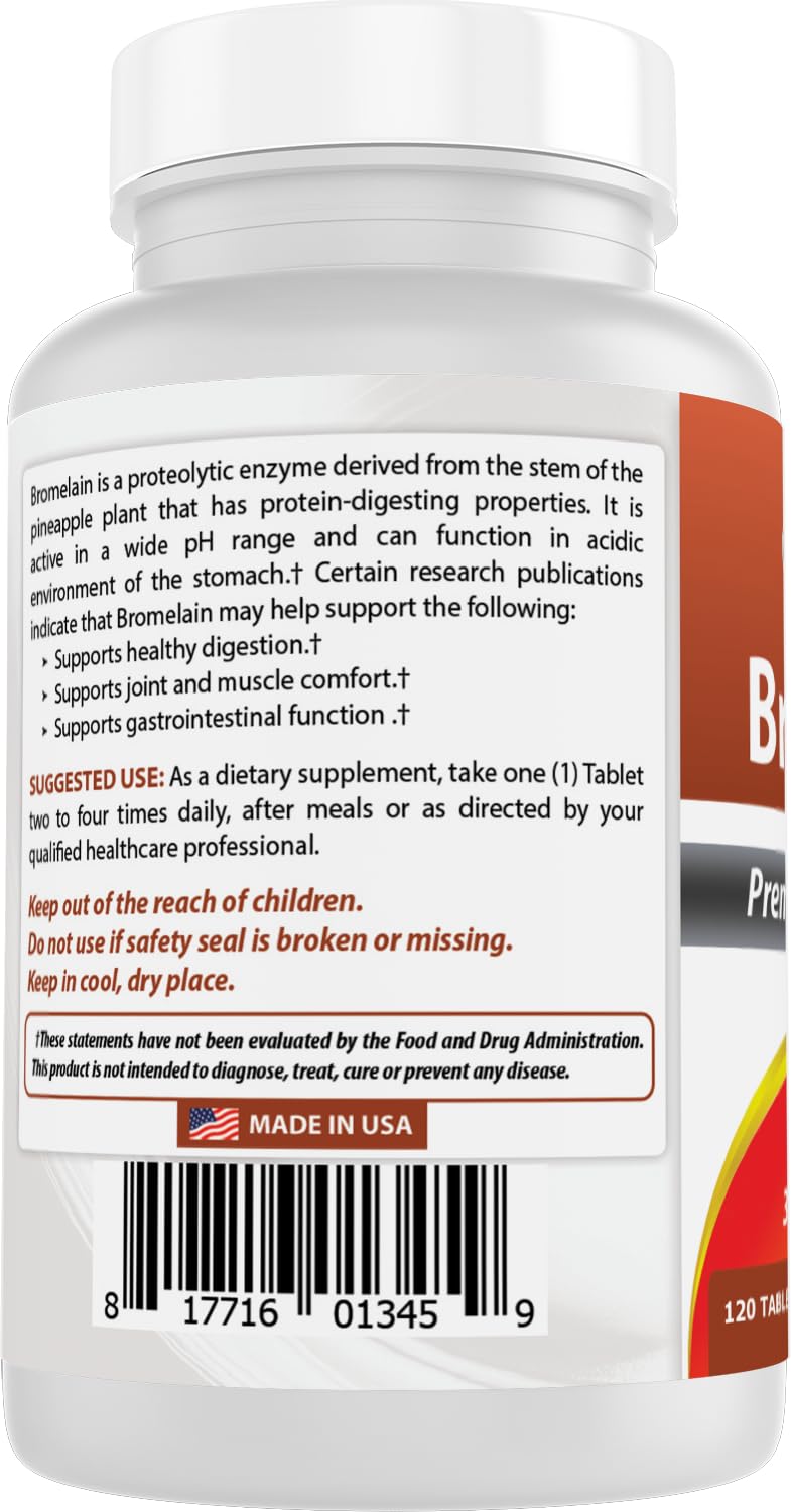 Back label of Best Naturals Bromelain 120 Tablets bottle
