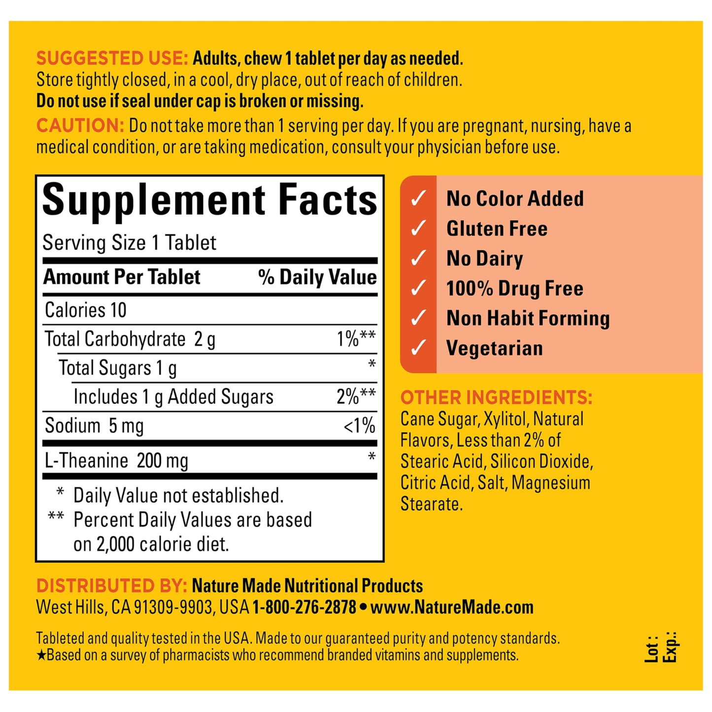 Nature Made L-Theanine bottle with stress relief information