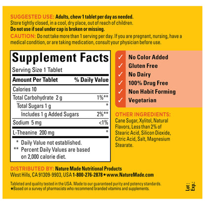 Nature Made L-Theanine bottle with stress relief information
