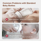 Thyseed 5 ounce glass baby bottle showing the patented anti colic base vent